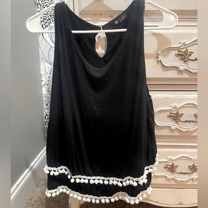 Boutique Style Tank Top with Pom Poms | Black | XL